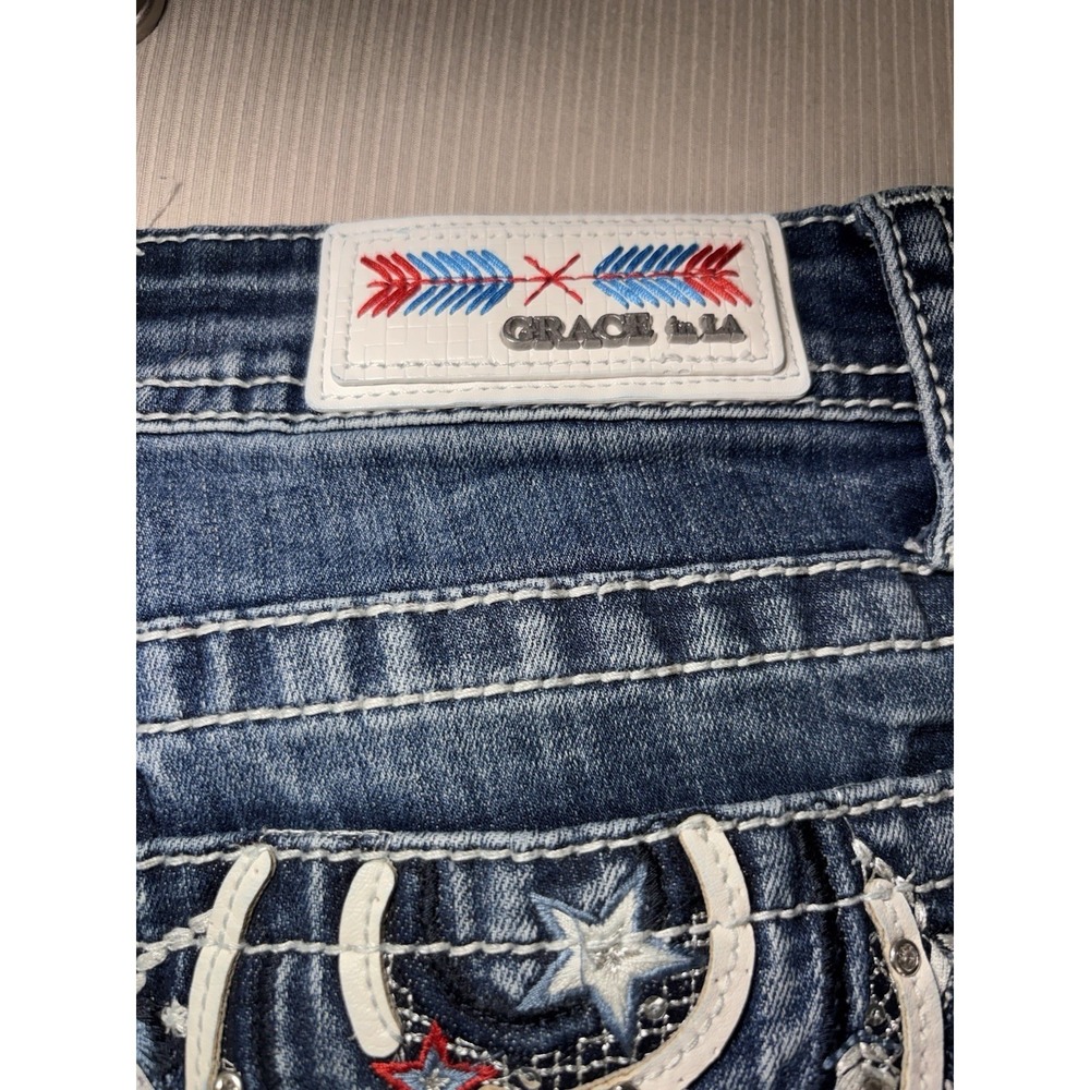 Grace in LA Embellished Patriotic Feather Pocket Jeans 32 Bootcut Y2K Raw Hem - Picture 10 of 16